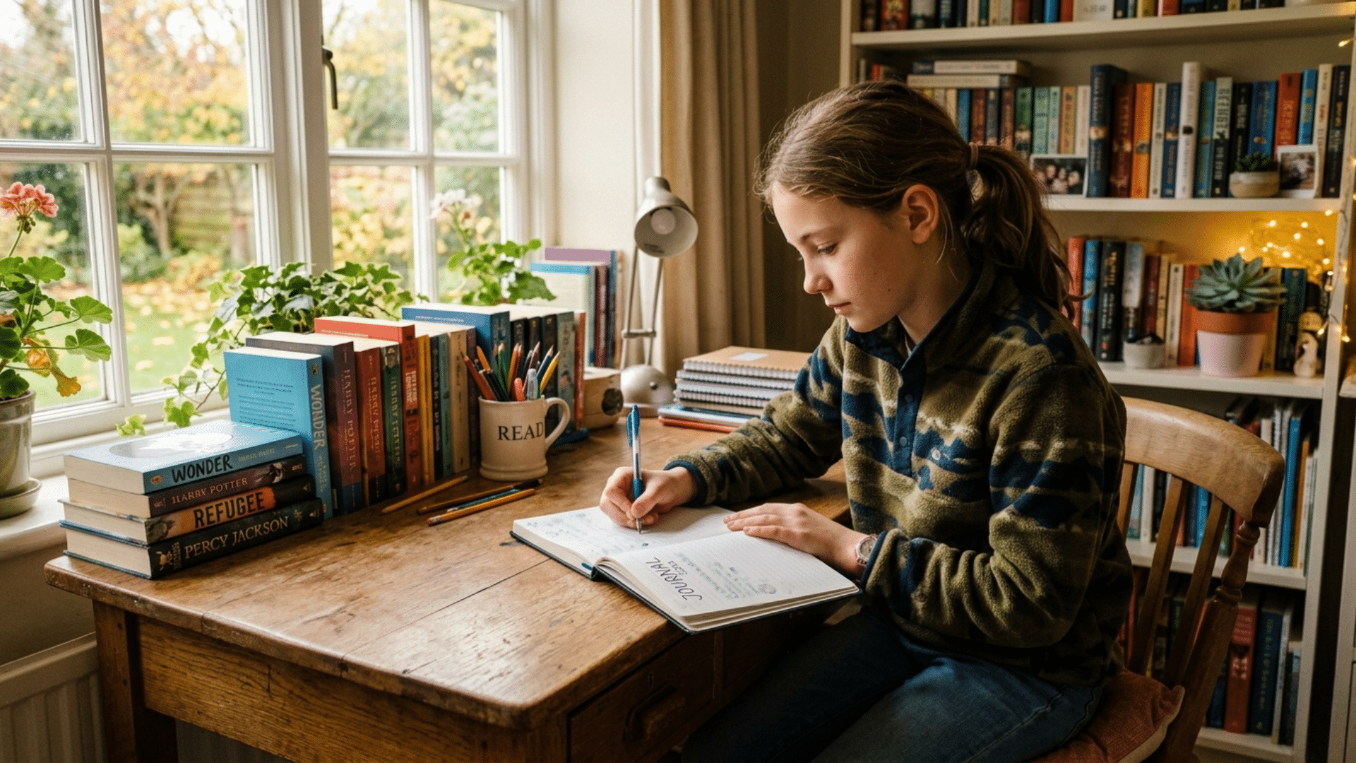 Middle school student writing in a journal at a desk with books and stationery in a calm study space