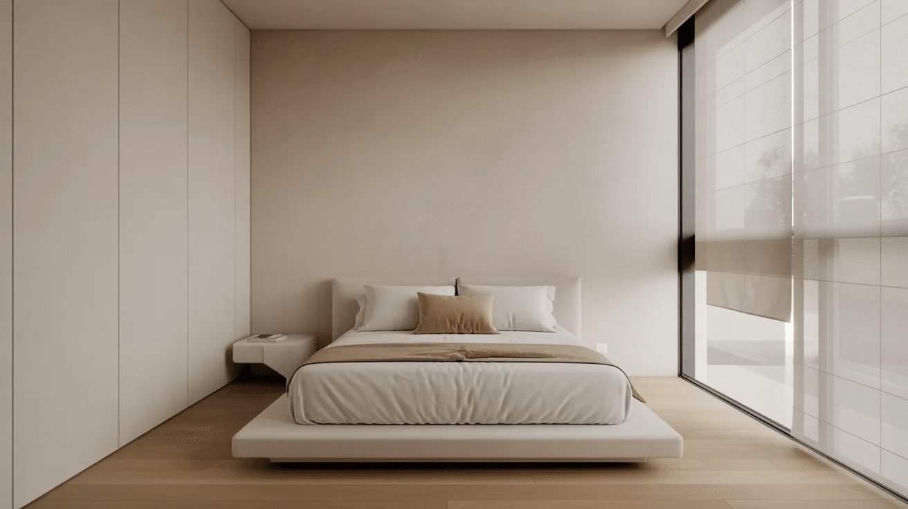 Minimalist spare bedroom with neutral tones, simple furniture, and clean uncluttered layout