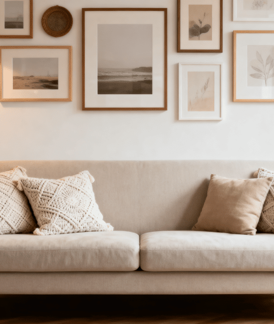 Modern DIY home decor with gallery wall, sofa, plants, and warm lighting.