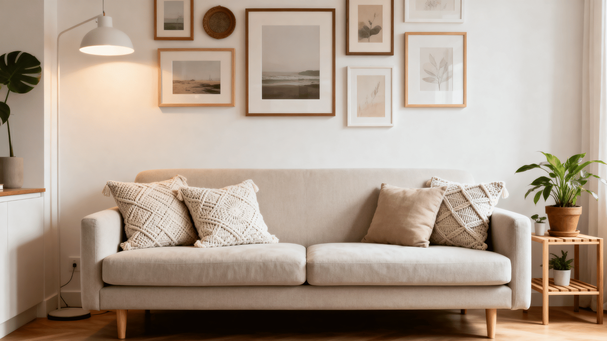 Modern DIY home decor with gallery wall, sofa, plants, and warm lighting.