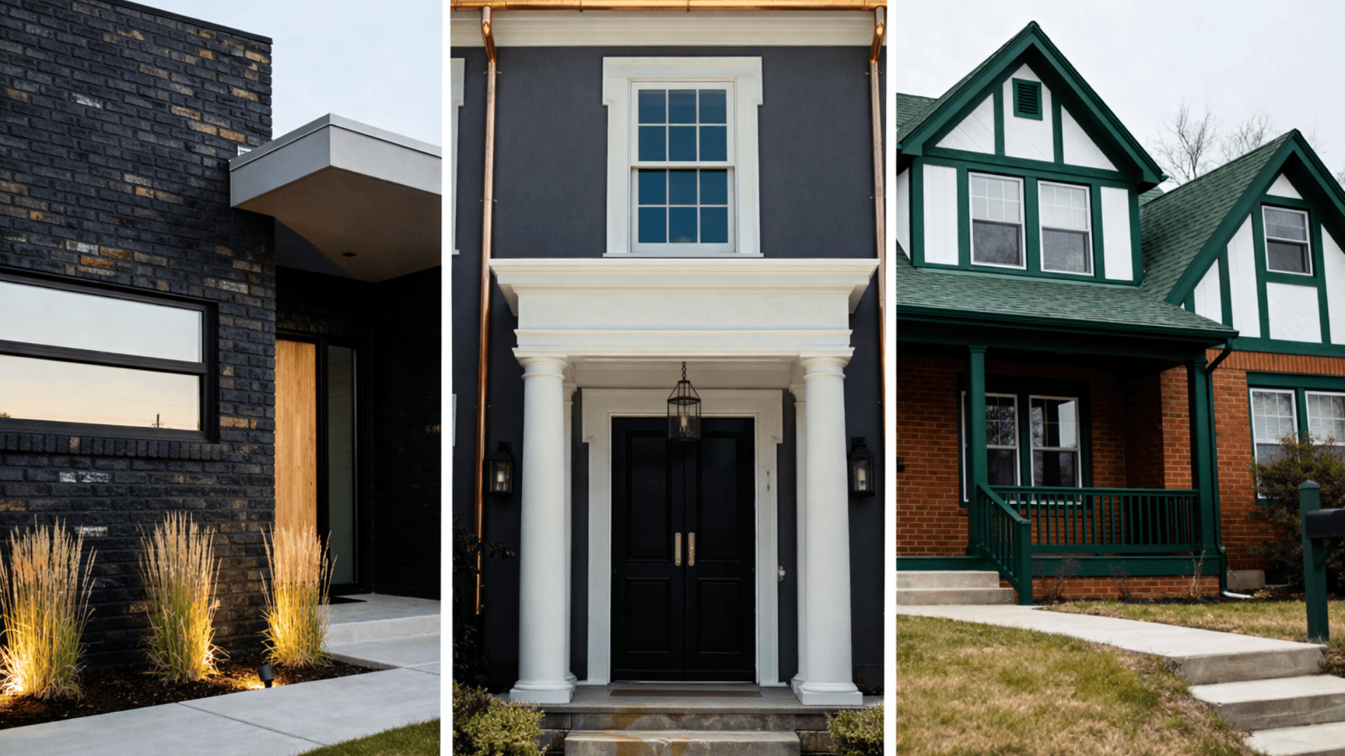 Modern house collage showing three homes side by side dark brick mid-century home, gray colonial with columns, and red brick Tudor with green trim.
