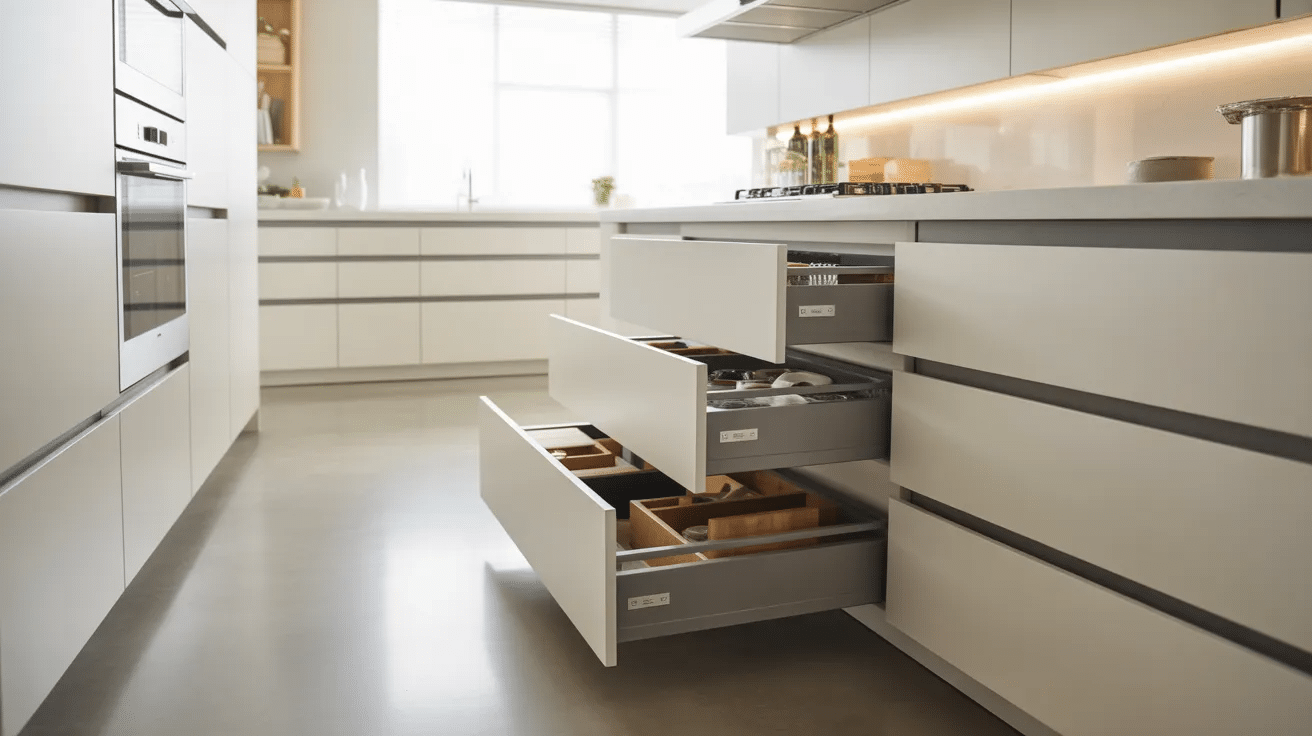 Modern kitchen layout with handleless cabinets allowing smooth movement and easy access