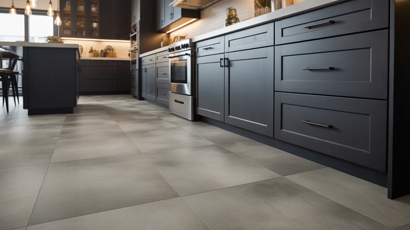 Modern kitchen with concrete-look tile flooring, offering a sleek and industrial style appearance