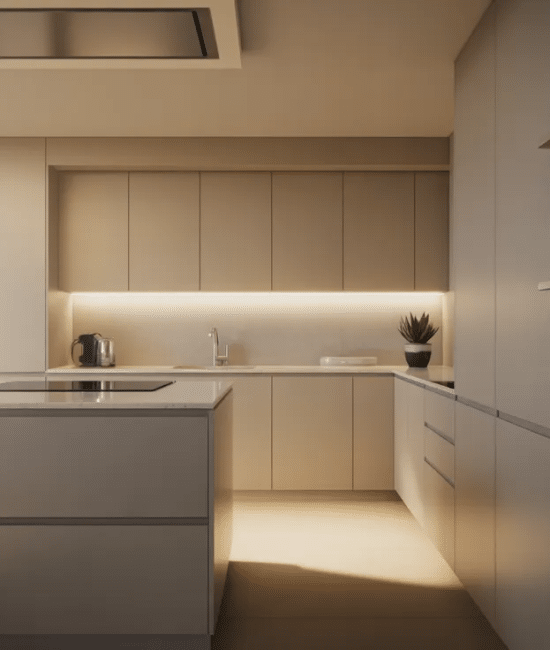 Modern kitchen with handleless cabinets creating a clean, smooth, and uncluttered design look