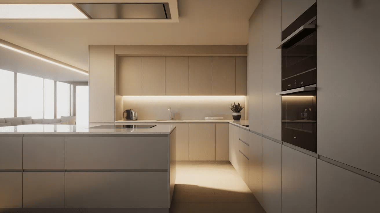Modern kitchen with handleless cabinets creating a clean, smooth, and uncluttered design look