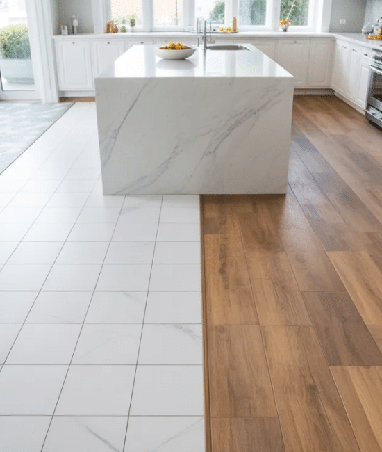 Modern kitchen with stylish floor tile designs including marble, wood-look, and patterned tiles in a bright space