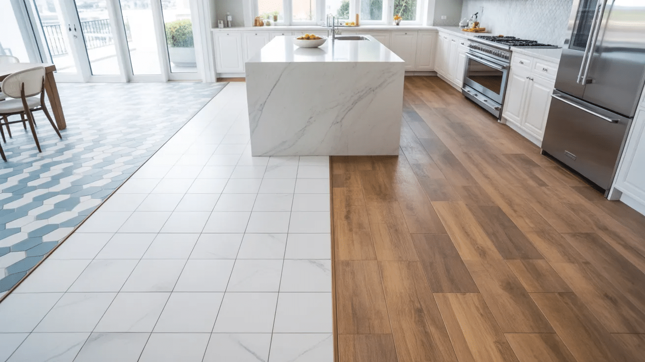 Modern kitchen with stylish floor tile designs including marble, wood-look, and patterned tiles in a bright space