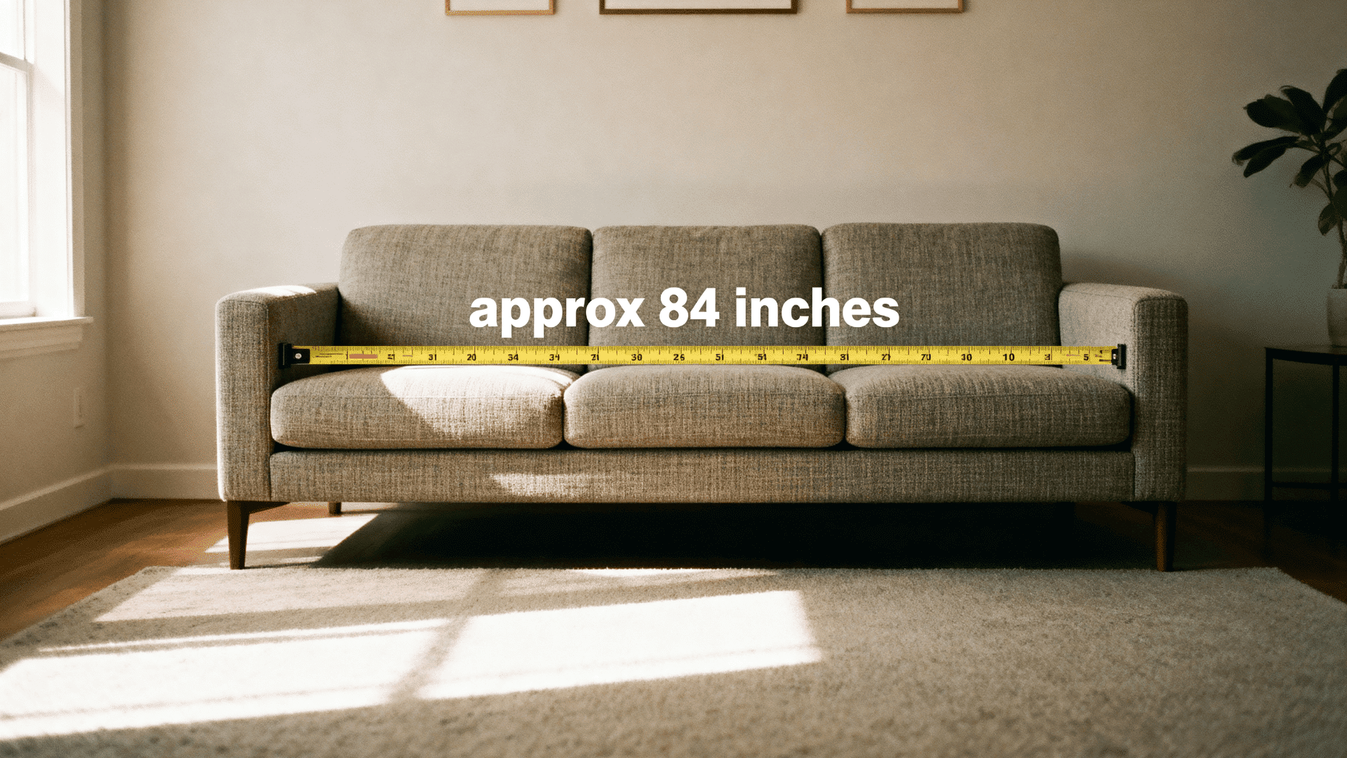 Modern living room with neutral three-seat sofa, tape measure across showing about 84 inches width in soft natural light