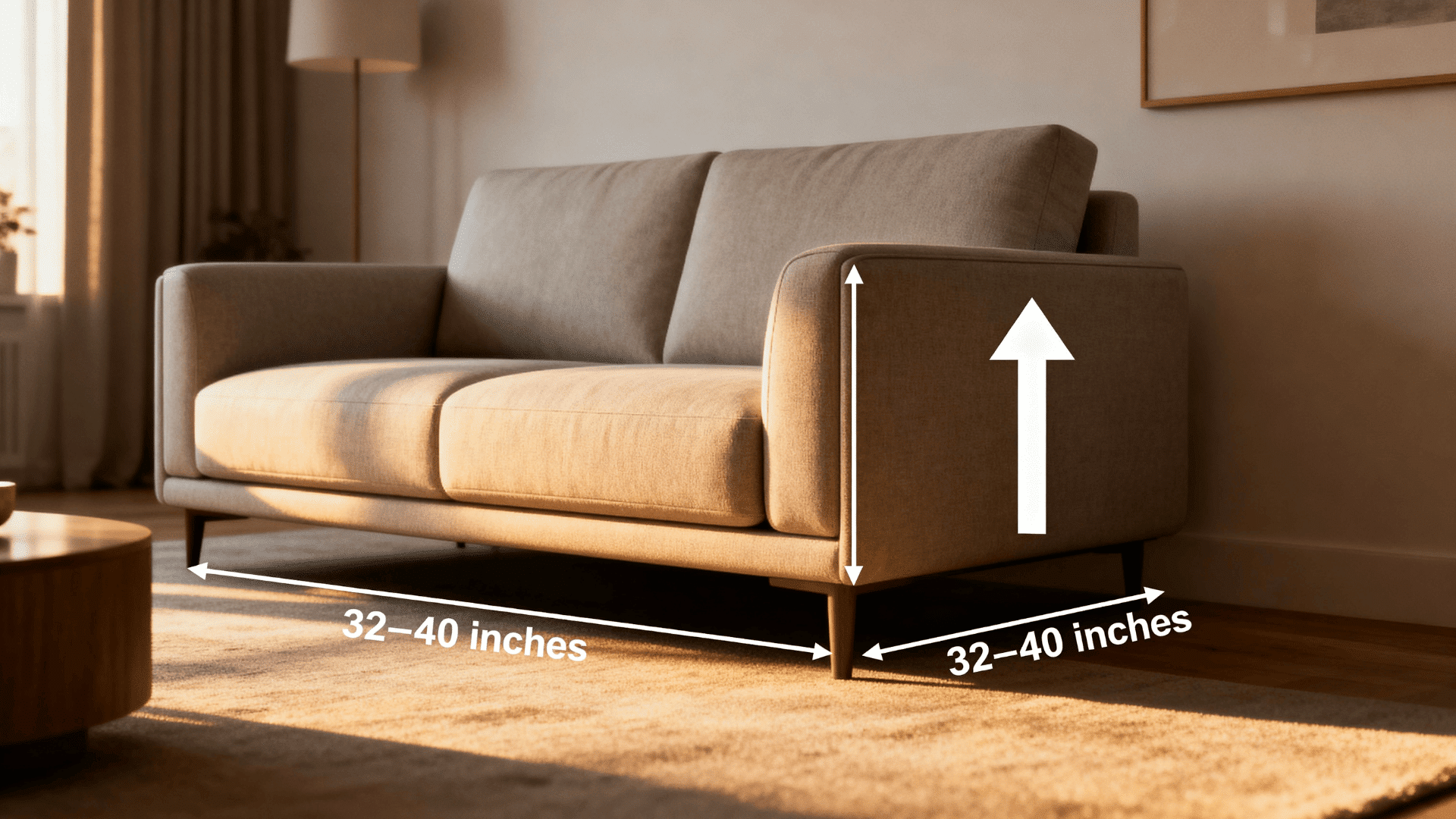 Modern sofa side view showing depth measurement of 32–40 inches, highlighting seat depth in a warm, minimal living room setting
