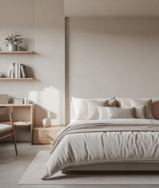 Modern spare bedroom with bed and workspace, featuring neutral colors and a clean layout