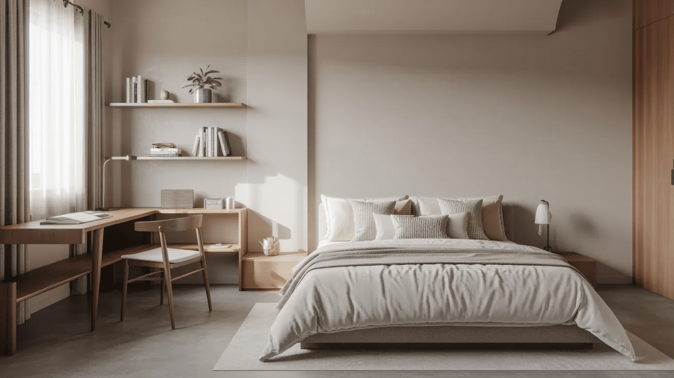 Modern spare bedroom with bed and workspace, featuring neutral colors and a clean layout