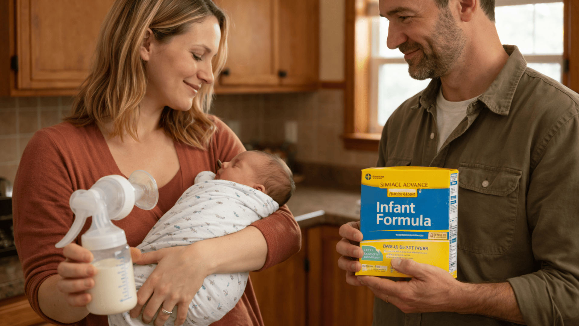 Mother holds swaddled newborn while using a breast pump with milk; father beside her holds a box of infant formula in a warm kitchen.