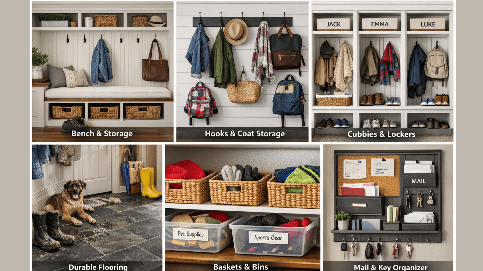 Mudroom collage showing bench seating, wall hooks, labeled cubbies, durable flooring, storage baskets, and a mail and key organizer setup