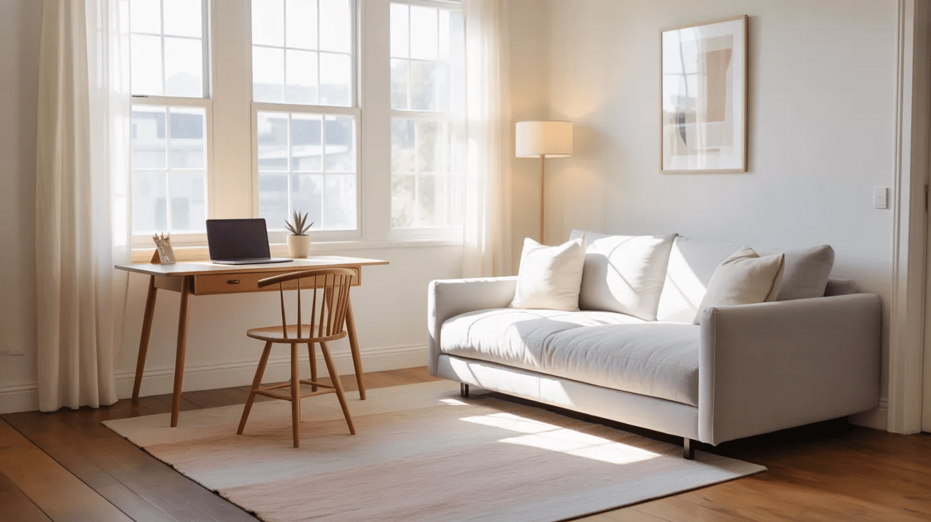 Multi-use spare bedroom with sofa bed and desk, designed for both work and guest use