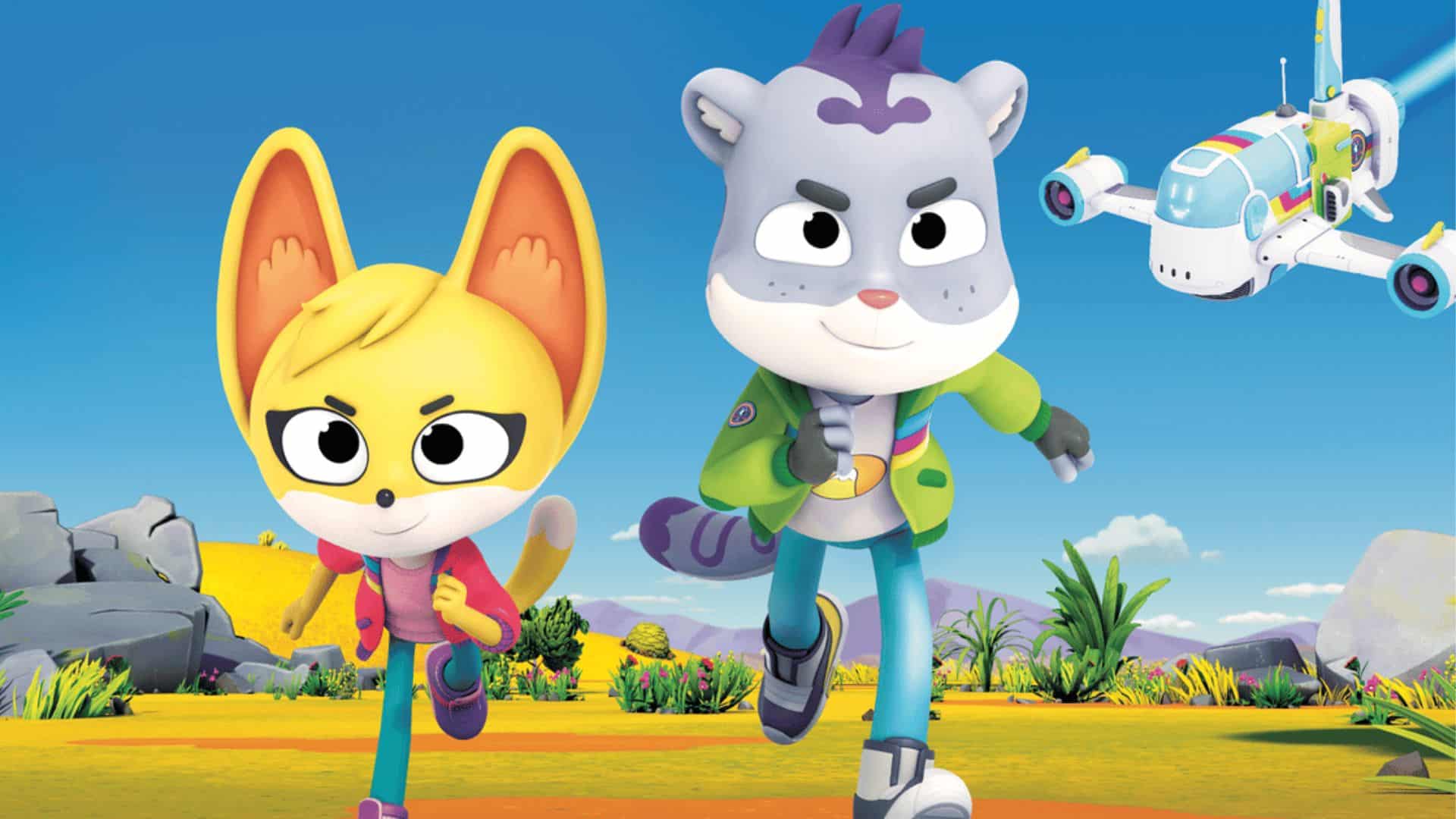 Nature Cat animated characters exploring outdoors and running on an adventure, one of the best educational shows for kids that teaches science and nature