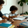 Parent and child homeschooling at a table with books, notebook, and laptop, learning together in a bright, calm home environment