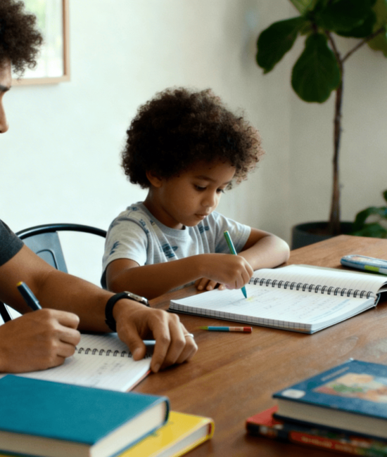 Parent and child homeschooling at a table with books, notebook, and laptop, learning together in a bright, calm home environment