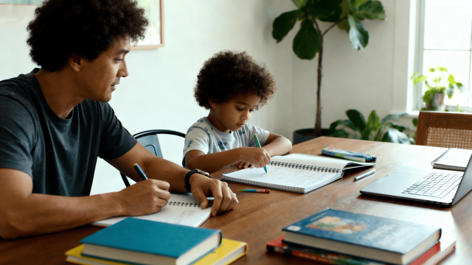 Parent and child homeschooling at a table with books, notebook, and laptop, learning together in a bright, calm home environment