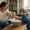 Parent preventing toddler from eating popcorn to avoid choking risk in a home environment