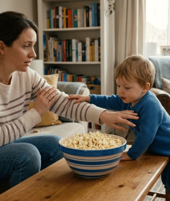 Parent preventing toddler from eating popcorn to avoid choking risk in a home environment