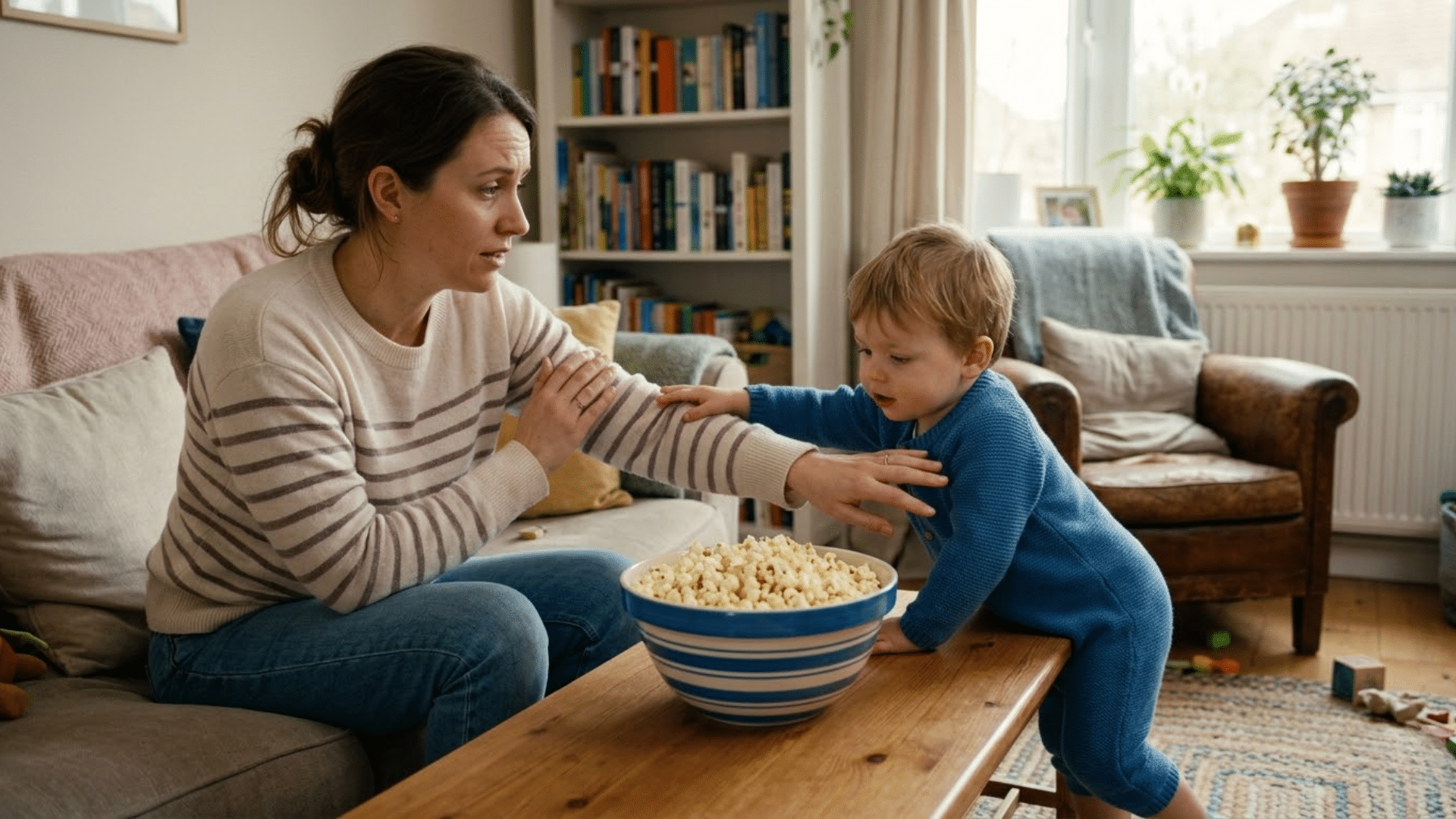 Parent preventing toddler from eating popcorn to avoid choking risk in a home environment