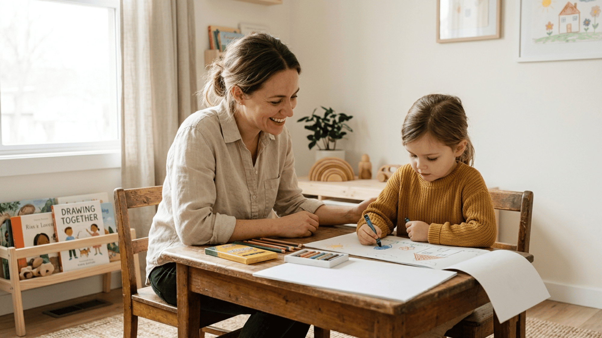 Parent supporting child learning activity showing encouragement and skill development