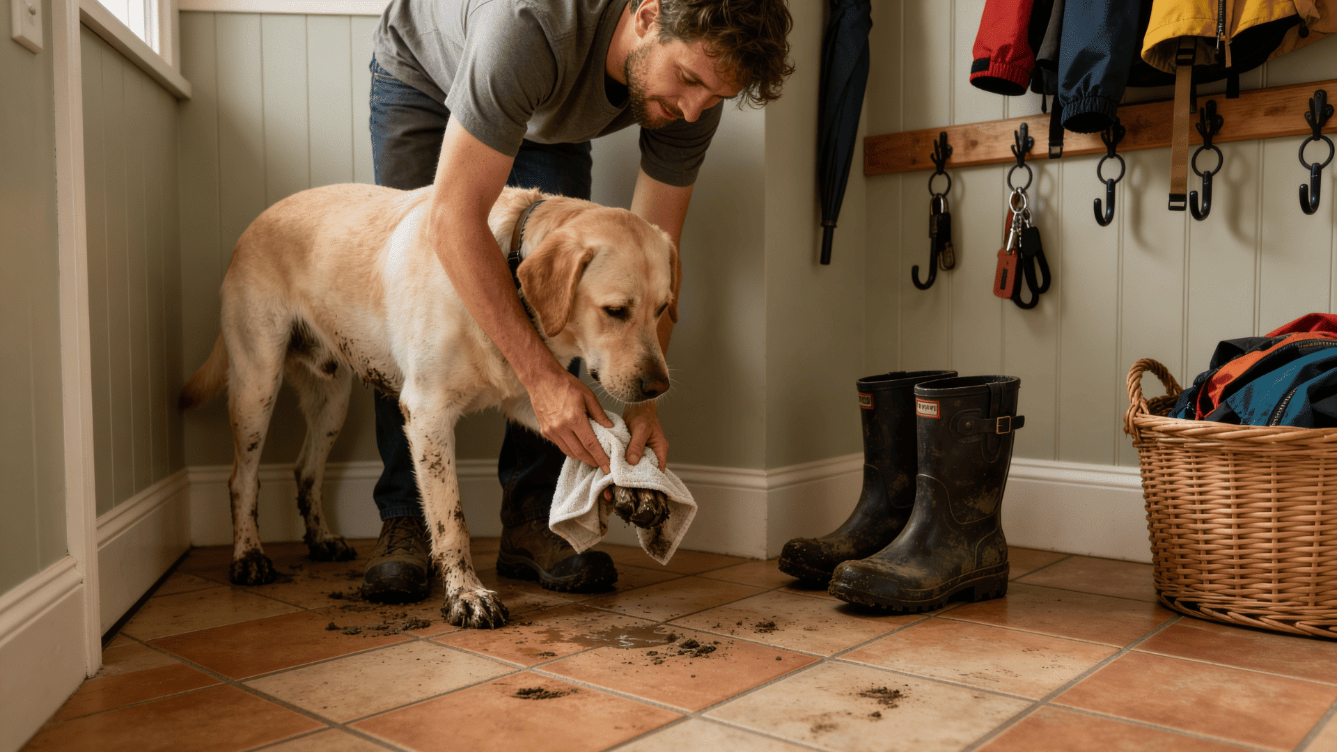Person cleaning muddy dog paws with towel in mudroom, dirty floor, boots and coats nearby, indoor entryway after outdoor walk