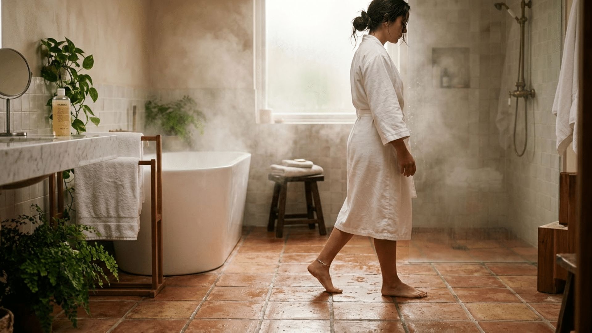 Person enjoying warm tile floor comfort in a bathroom with radiant floor heating system