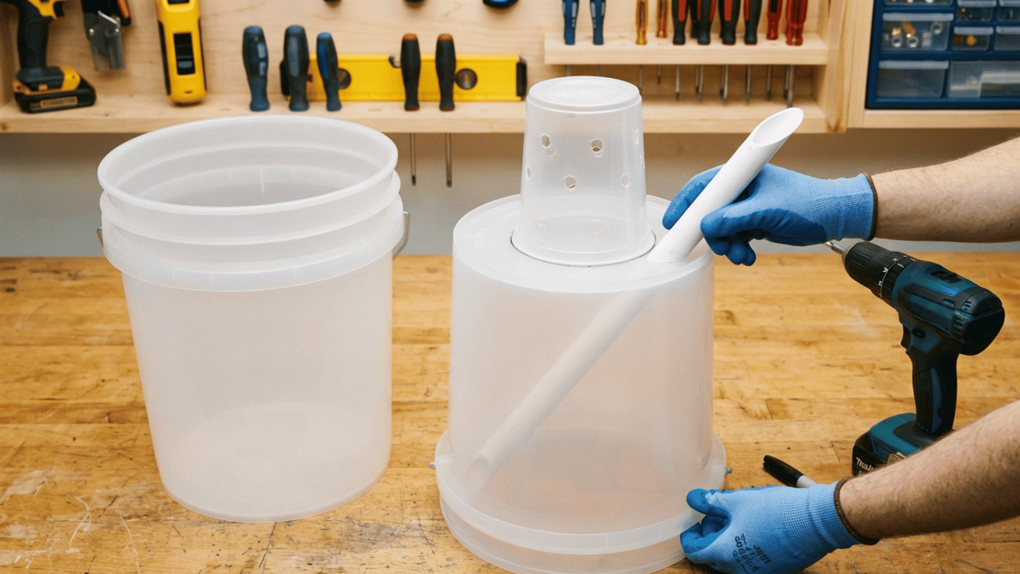 Plastic pipe inserted through bucket hole for DIY self watering planter water fill tube.