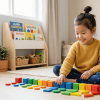 Preschool child counting colorful blocks at home in a simple, bright learning space