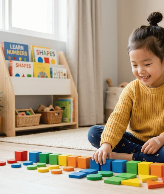 Preschool child counting colorful blocks at home in a simple, bright learning space