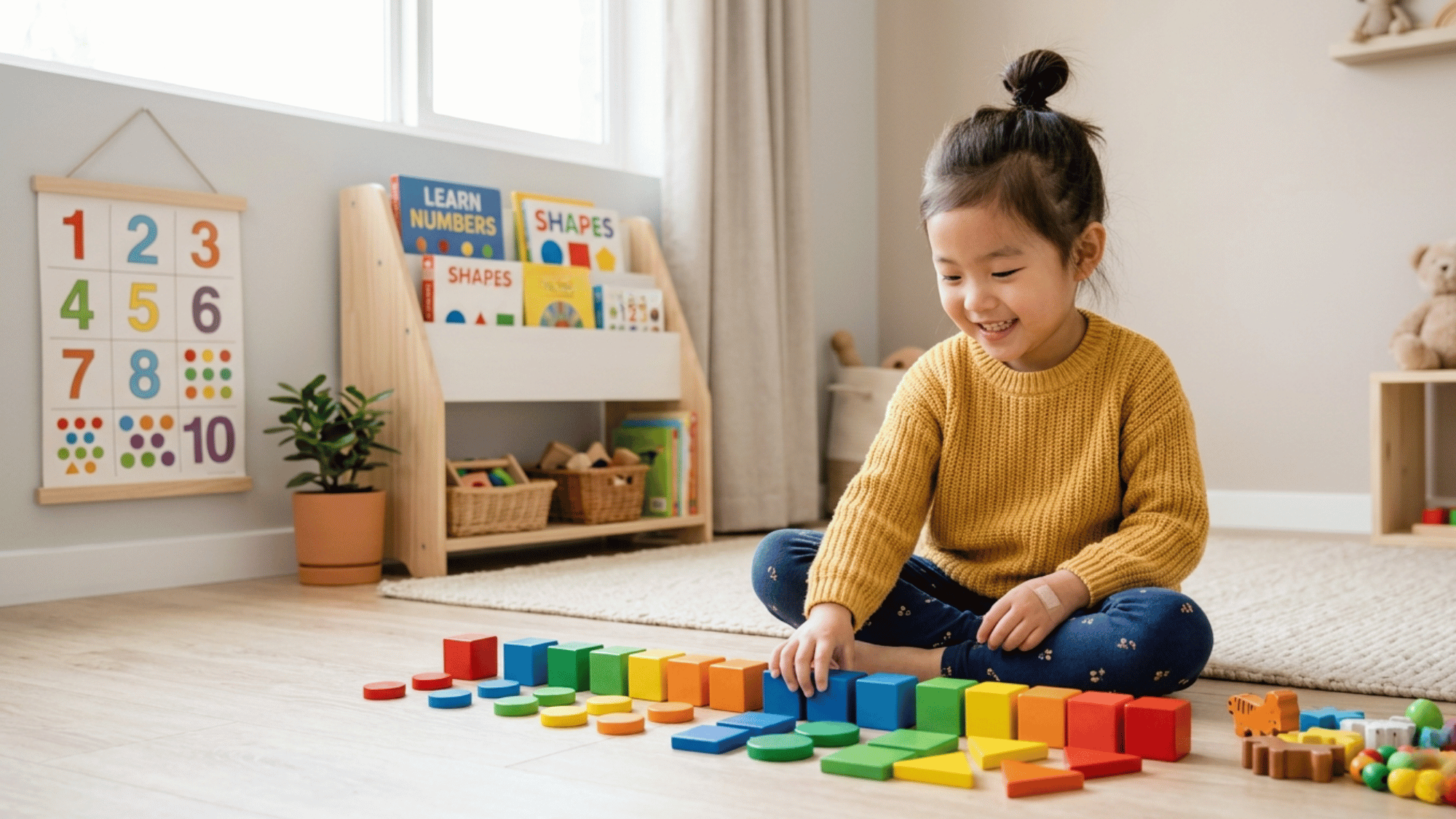 Preschool child counting colorful blocks at home in a simple, bright learning space