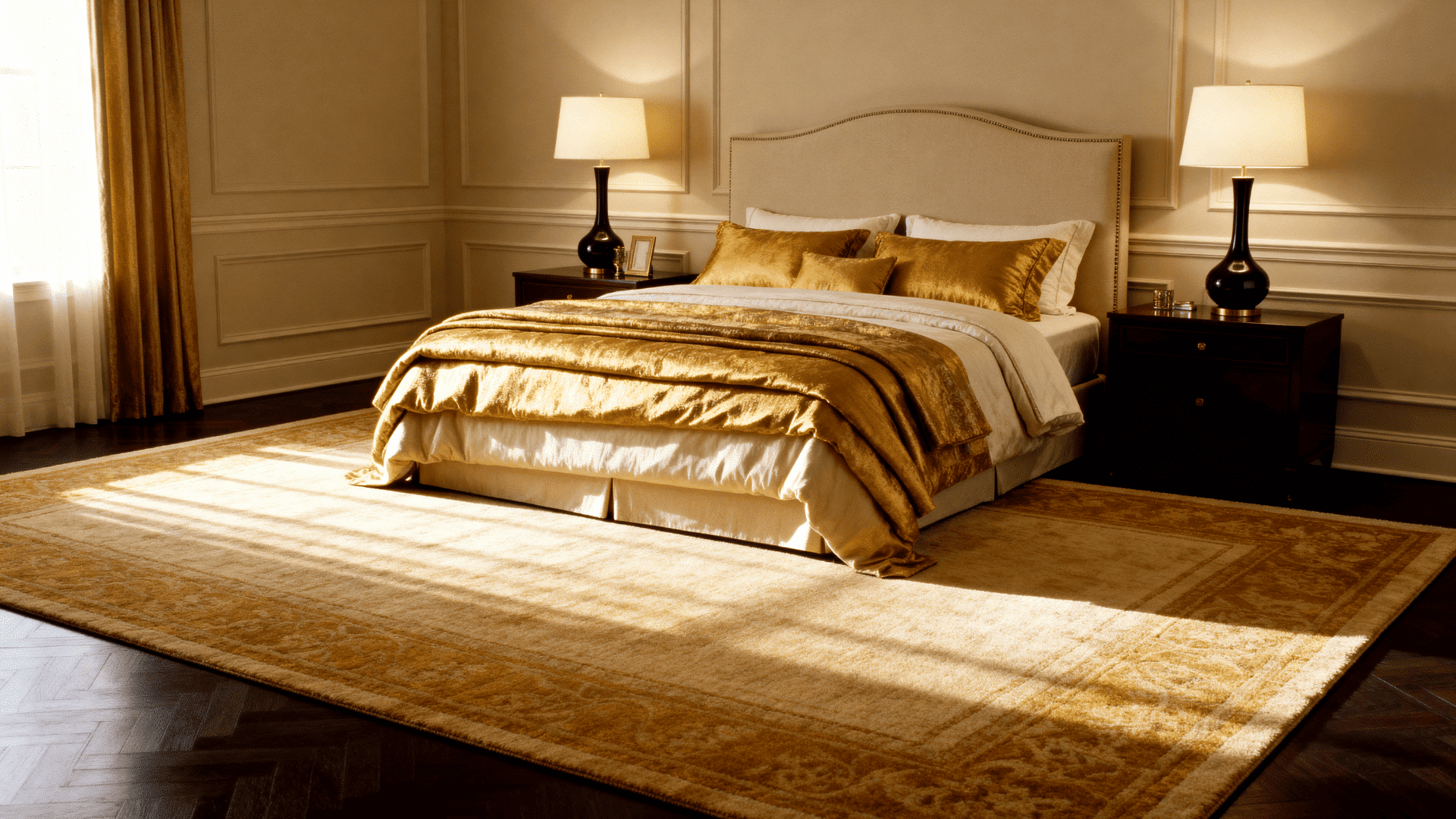 Queen bed centered on an 8x10 rug extending under nightstands, with warm lighting, layered bedding, and elegant bedroom decor.