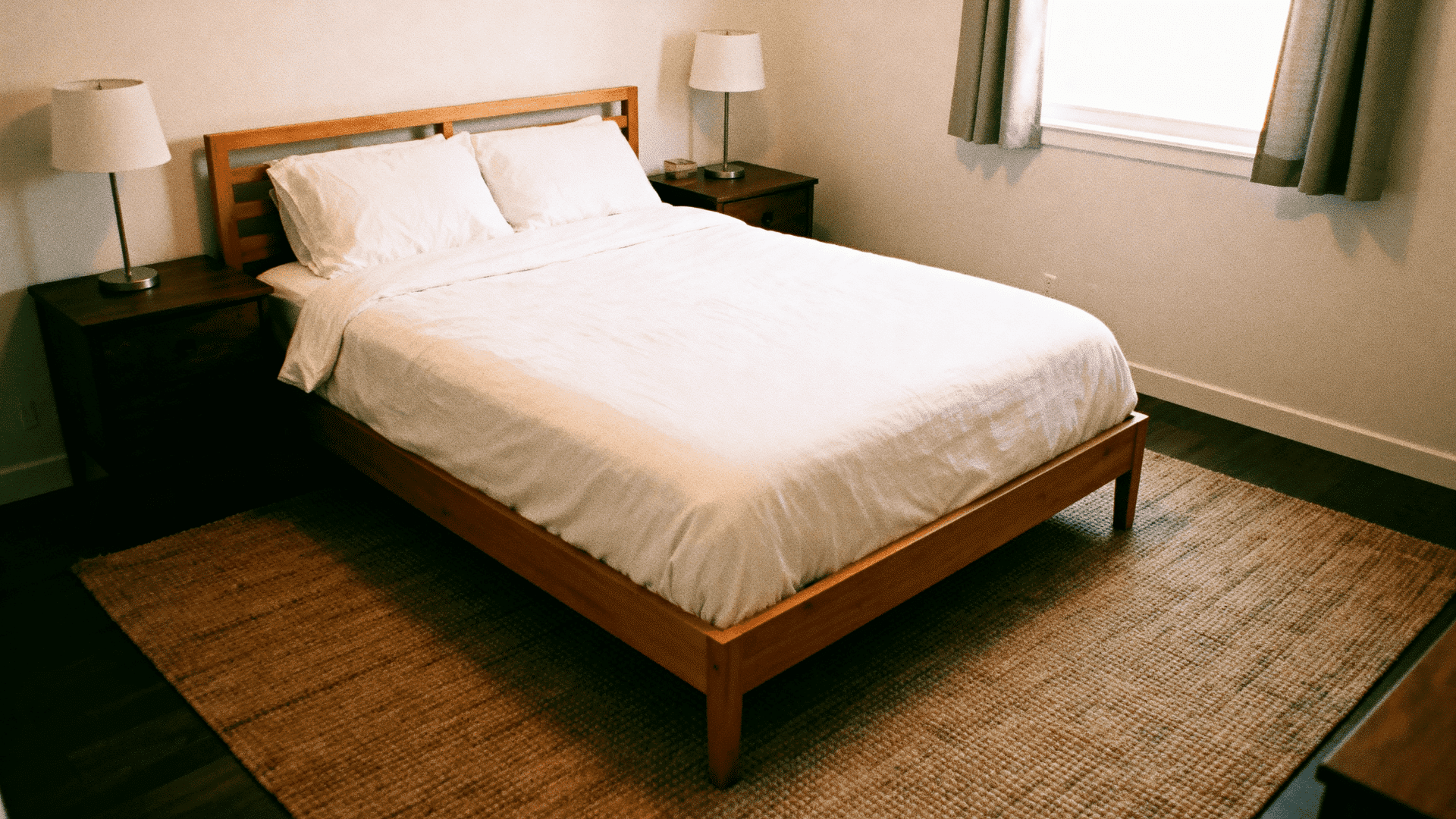 Queen bed on a 6x9 rug extending on both sides, wooden frame with nightstands, warm lighting, and a cozy neutral bedroom layout. (1)