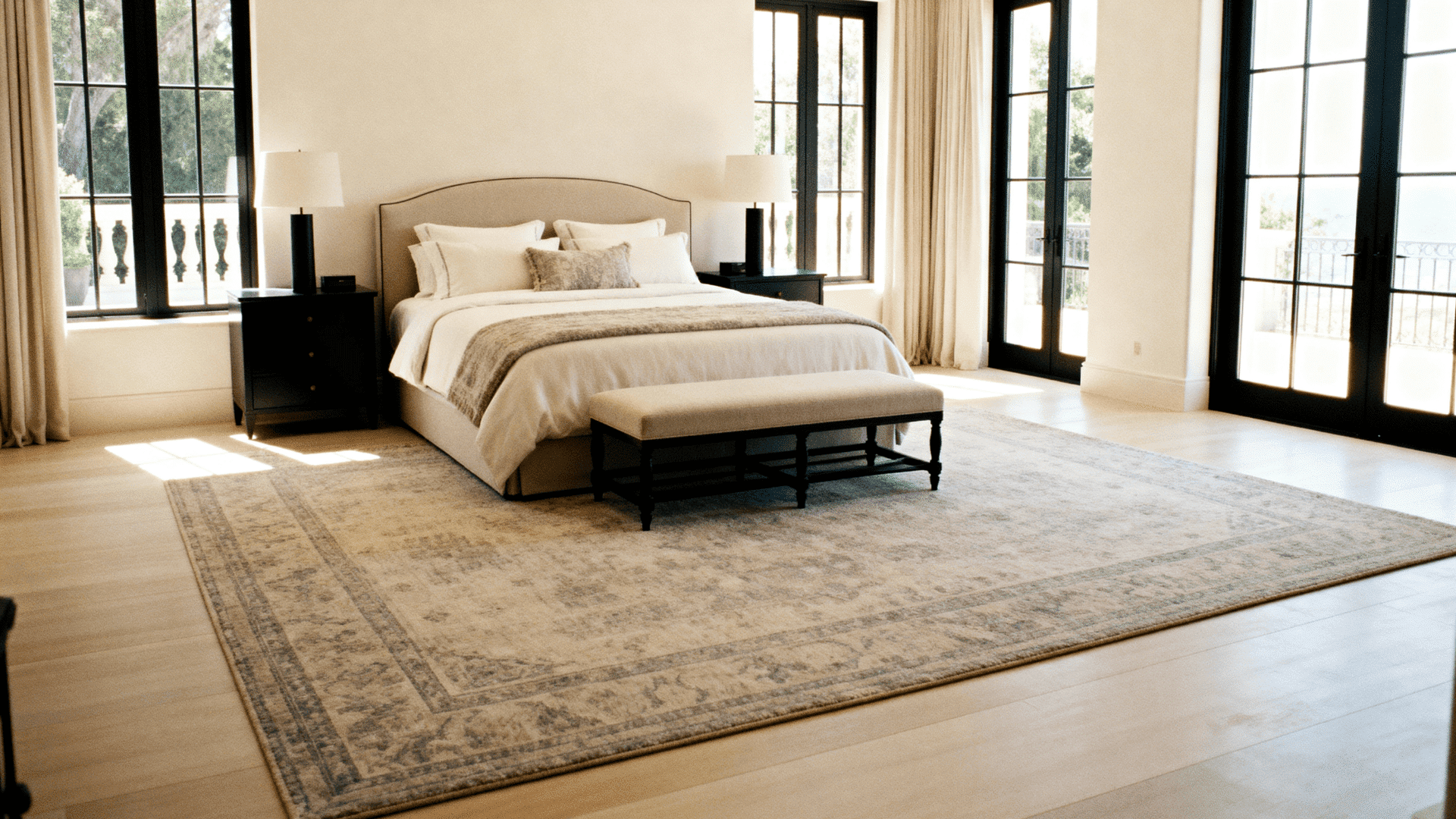 Queen bed on a large 9x12 rug with wide exposure, nightstands and bench, in a bright luxury bedroom with large windows and neutral decor (1)
