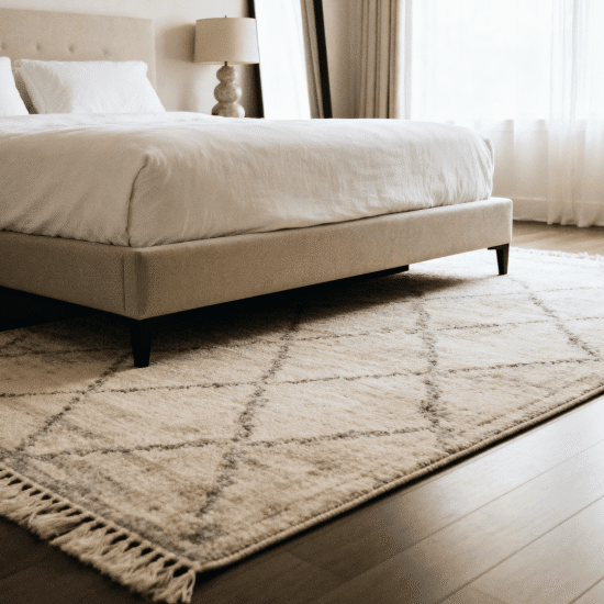 Queen bed on a large area rug extending beneath, with soft neutral bedding, minimal decor, natural light, and a modern cozy bedroom layout