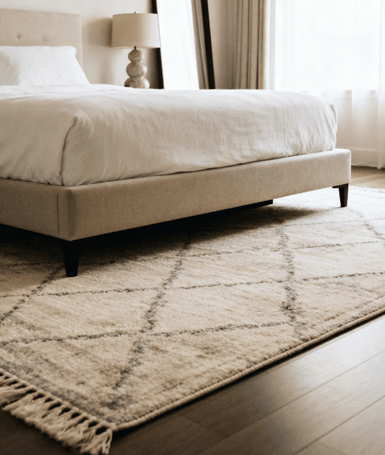Queen bed on a large area rug extending beneath, with soft neutral bedding, minimal decor, natural light, and a modern cozy bedroom layout