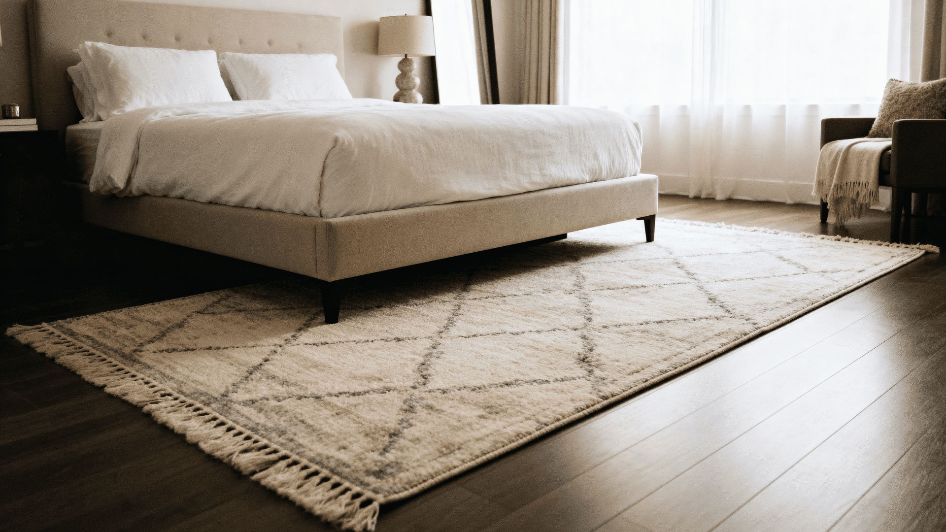 Queen bed on a large area rug extending beneath, with soft neutral bedding, minimal decor, natural light, and a modern cozy bedroom layout