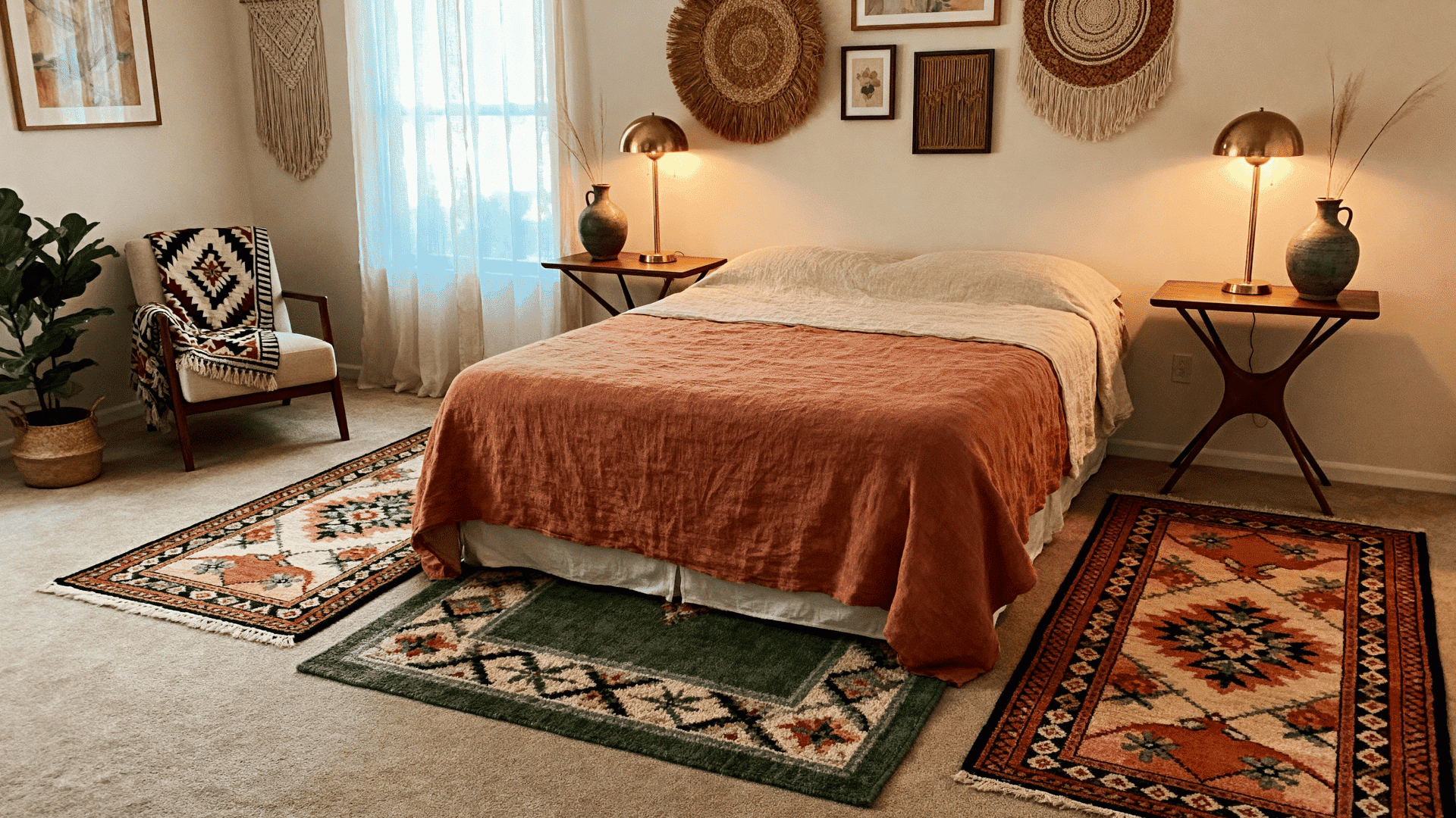 Queen bed with two 4x6 rugs on each side, eclectic decor, warm lighting, textured bedding, and a cozy layered bedroom design