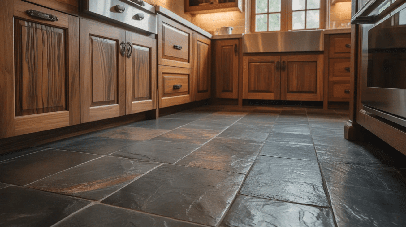Rustic kitchen with natural stone tile flooring, featuring slate texture and warm earthy tones