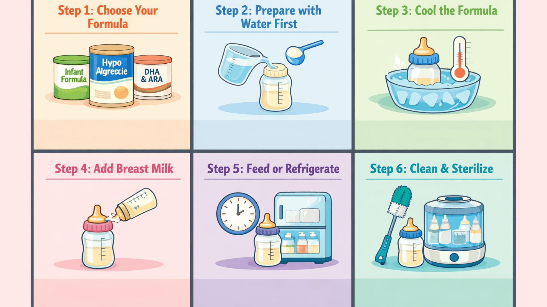 Six-panel infographic showing steps to safely mix baby formula with breast milk, from choosing formula to cleaning equipment.