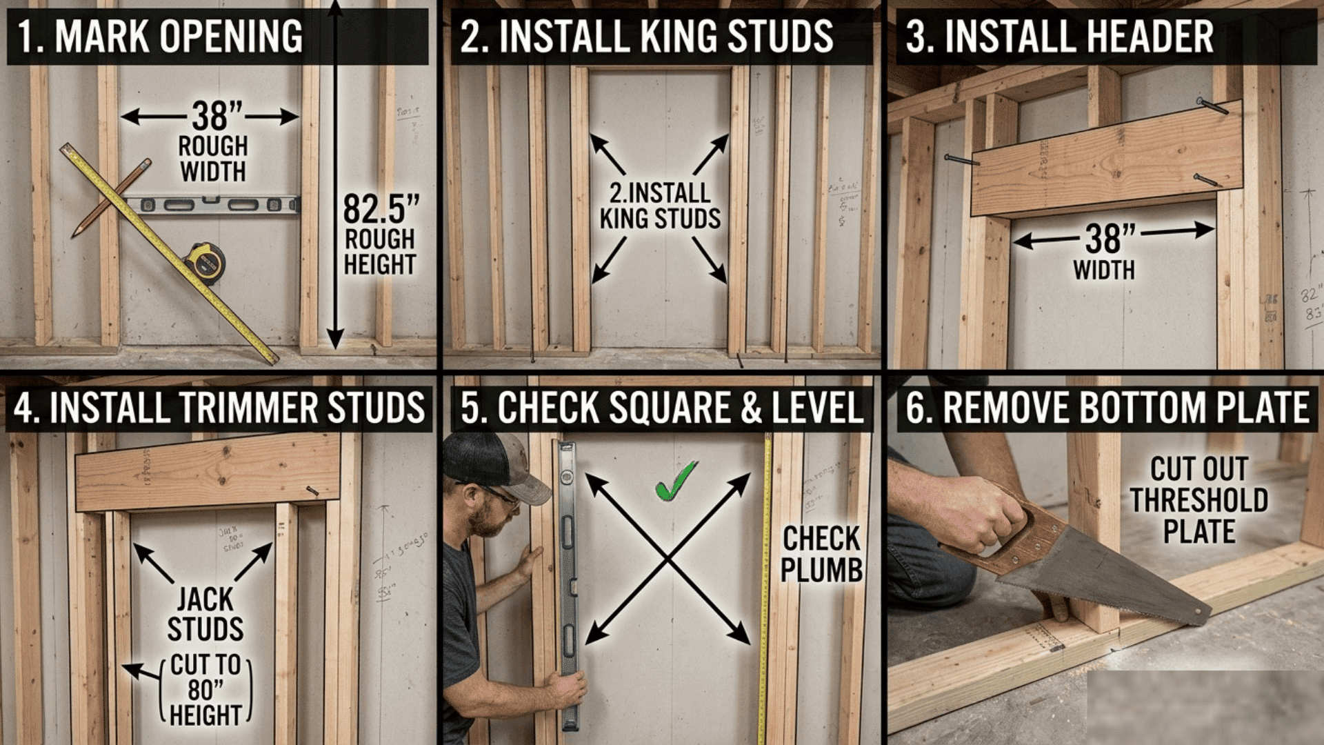 Six-step collage for framing a 36x80 door, showing marking, kingjack studs, header install, leveling, and plate removal.