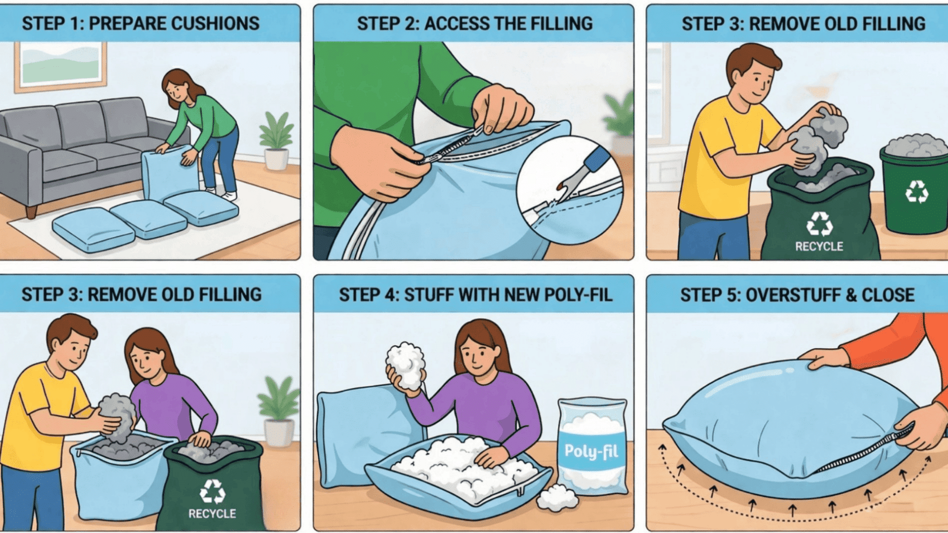 Six-step infographic showing how to restuff couch cushions, including inspecting, opening seams, removing old filling, adding new polyfill, and closing