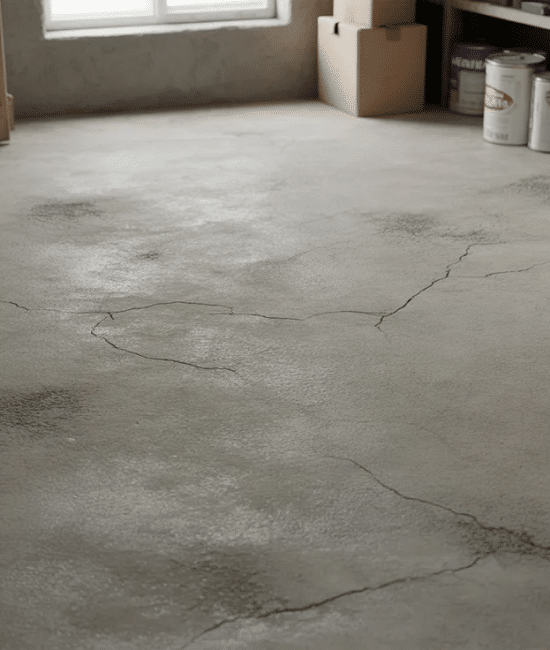 Small cracks on a concrete basement floor with storage items, showing a typical home setting