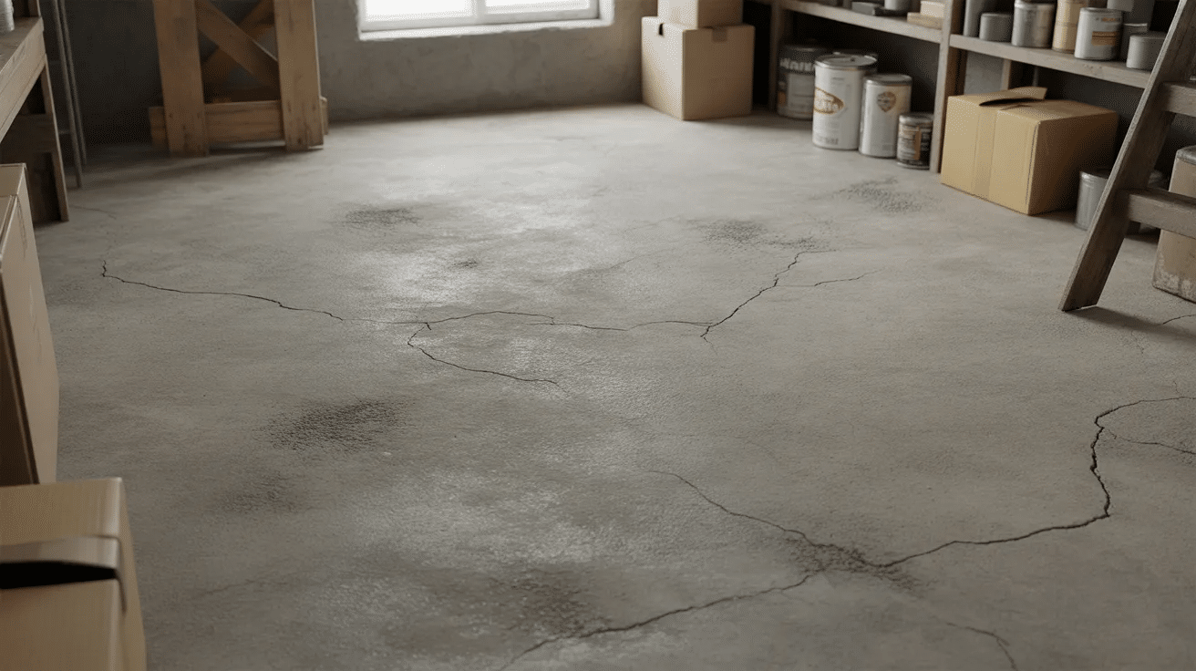 Small cracks on a concrete basement floor with storage items, showing a typical home setting