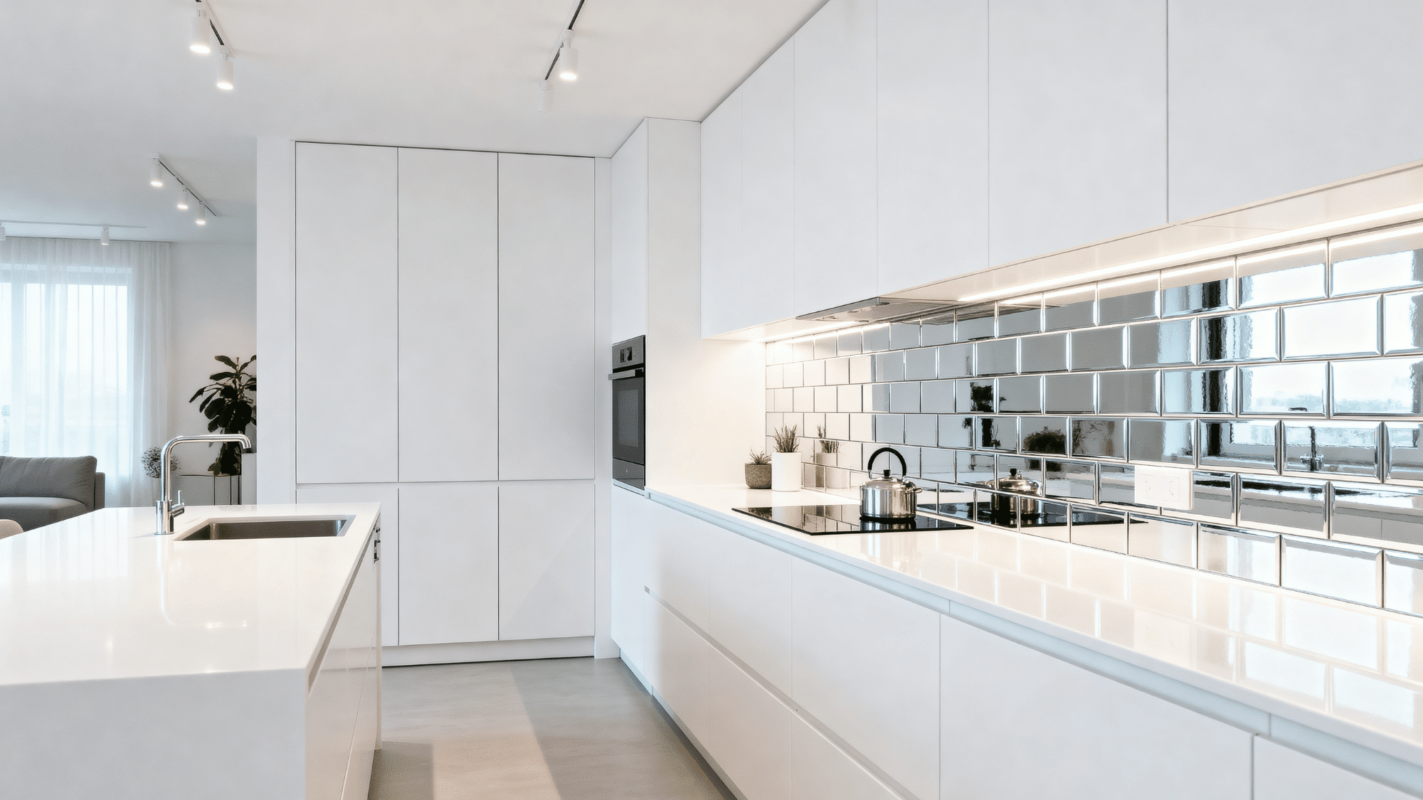 Small white kitchen with mirrored subway tile backsplash