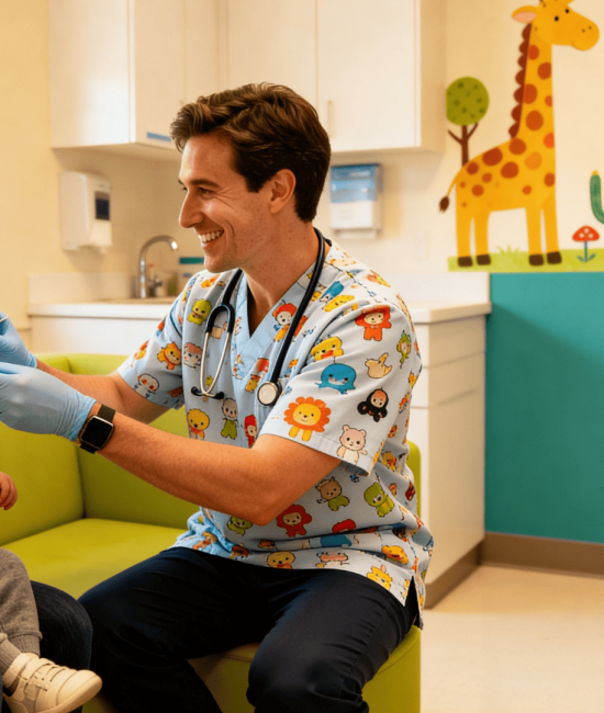 Smiling pediatric dentist examines a calm baby on a parent’s lap in a colorful, child-friendly clinic with toys and bright decor