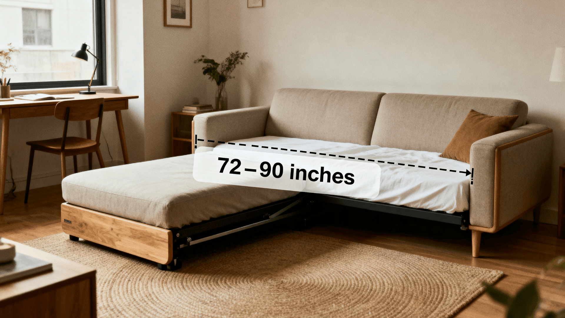 Spacious modern living room with large sectional sofa, measuring overlay showing 90–100 inches, open layout, warm natural lighting (1)