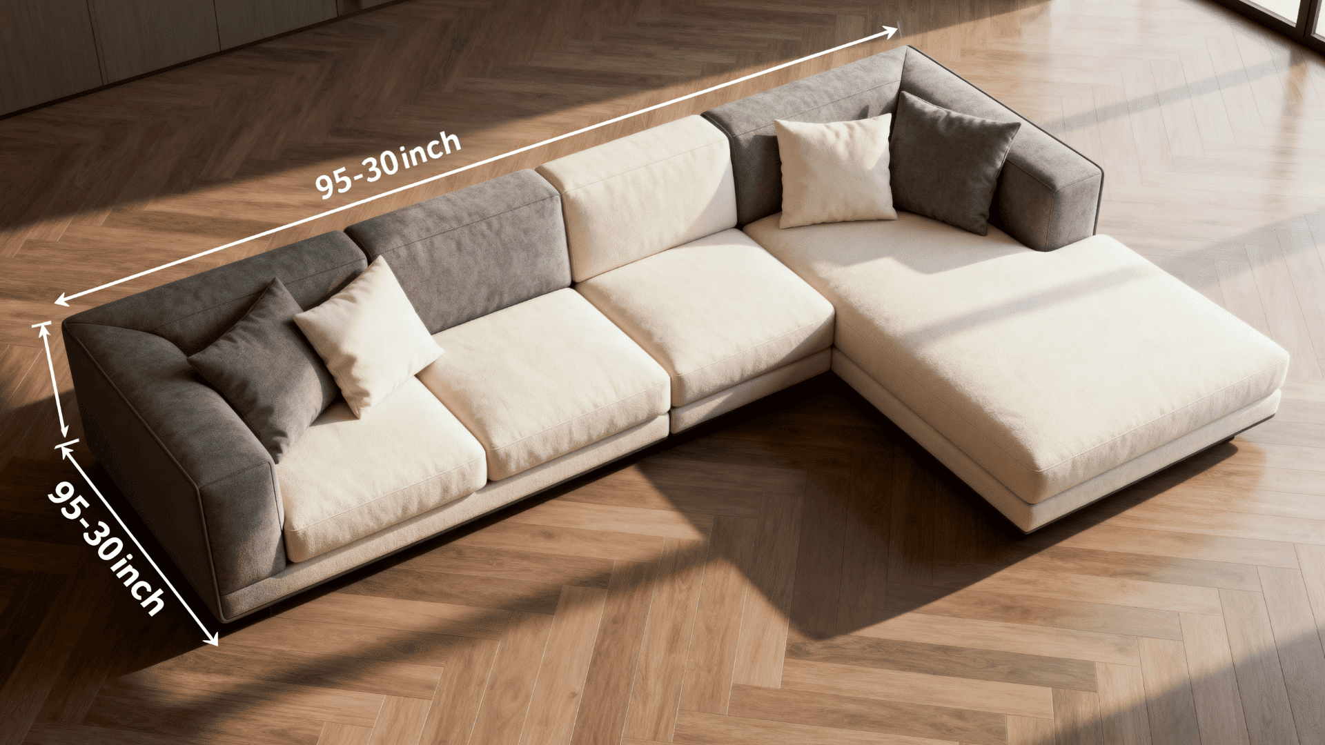 Spacious modern living room with large sectional sofa, measuring overlay showing 90–100 inches, open layout, warm natural lighting (2)