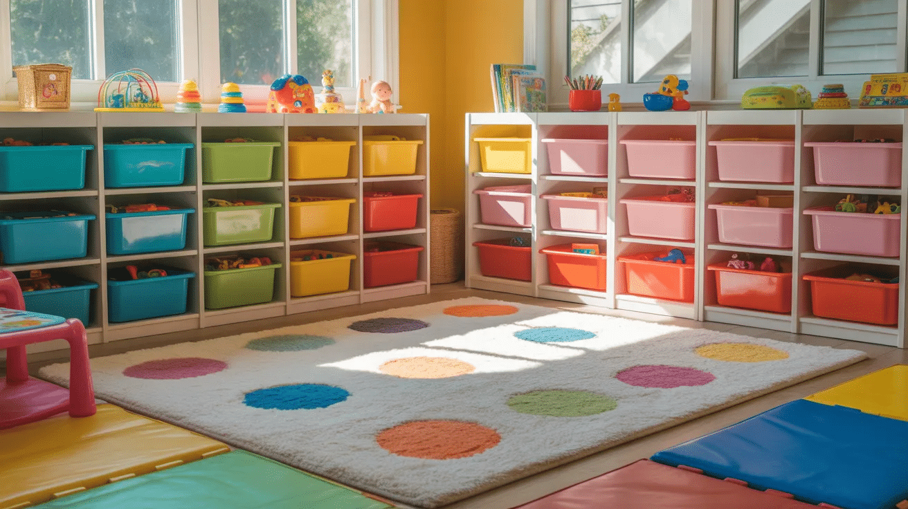 Spare bedroom converted into a kids playroom with storage bins, toys, and soft flooring